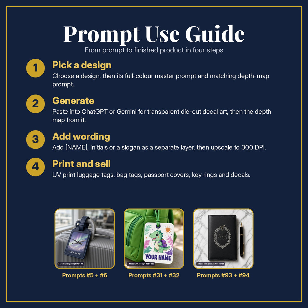 Prompt Use Guide in four steps: pick a design, generate, add wording, print and sell, with example products made with prompt #5, prompt #6, prompt #31, prompt #32, prompt #93, prompt #94