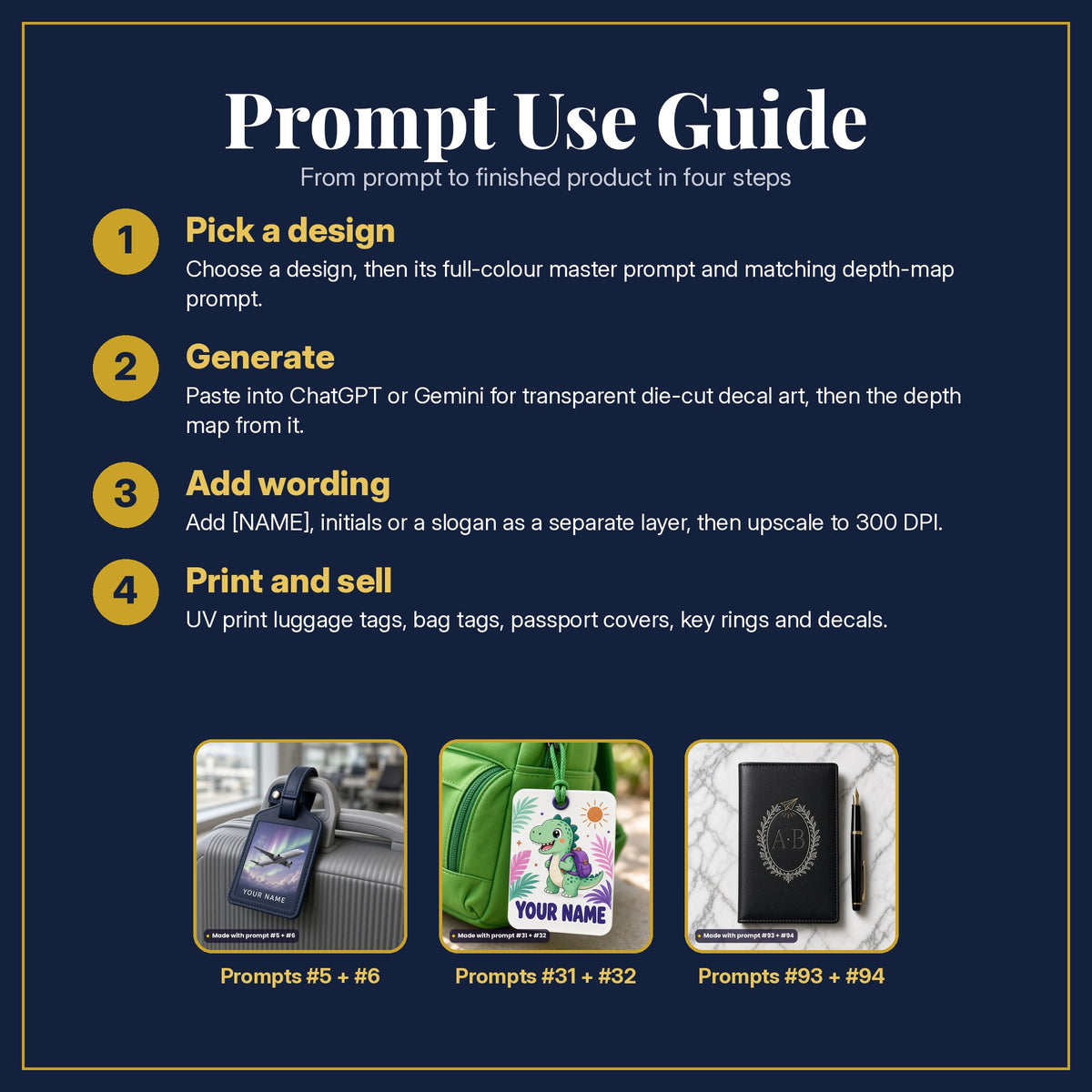 Prompt Use Guide in four steps: pick a design, generate, add wording, print and sell, with example products made with prompt #5, prompt #6, prompt #31, prompt #32, prompt #93, prompt #94