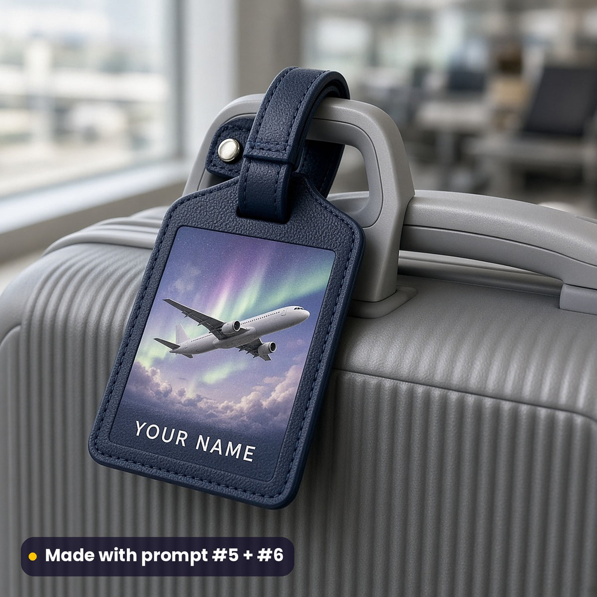 Navy leather luggage tag on a grey suitcase handle, UV printed with an unmarked white airliner in aurora skies, with YOUR NAME placeholder text, made with prompt #5 + #6
