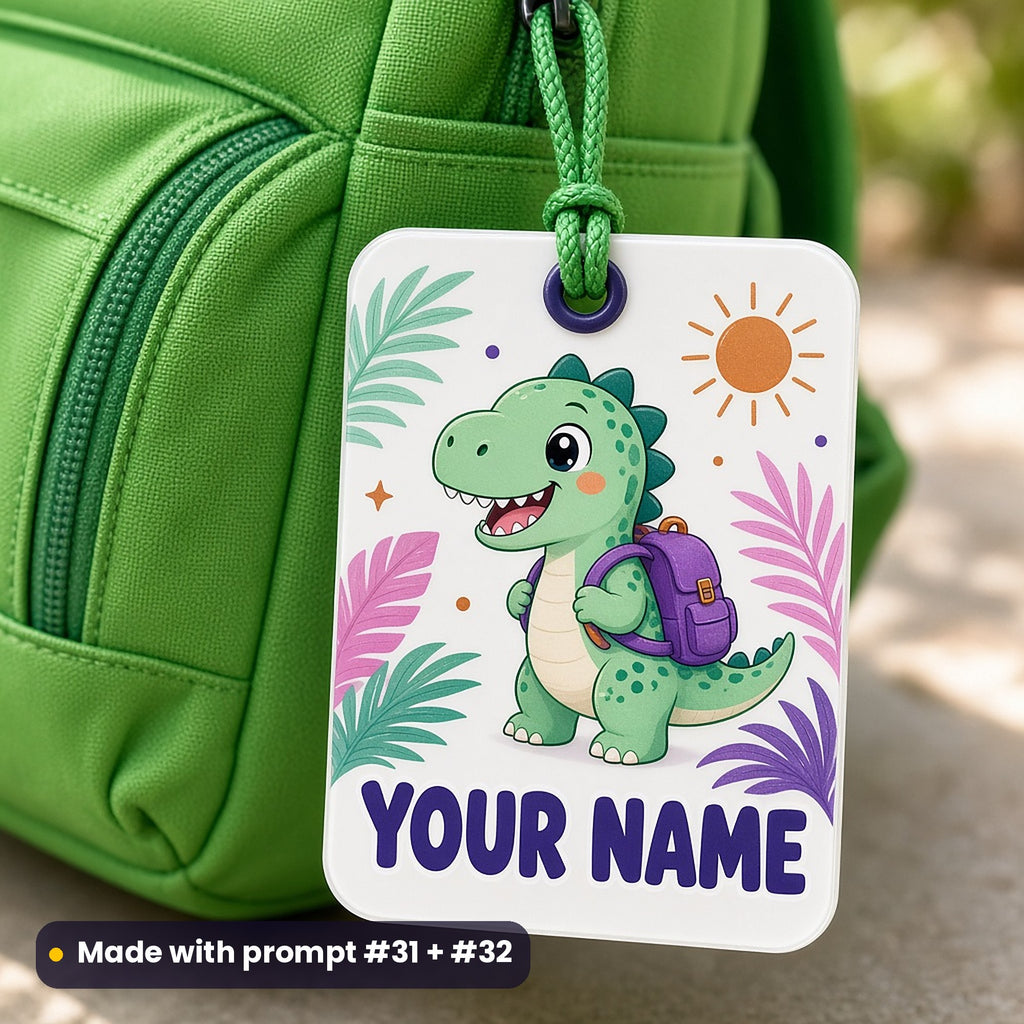 White acrylic bag tag on a green child's backpack, UV printed with a friendly cartoon dinosaur wearing a backpack among palm leaves, with YOUR NAME placeholder text, made with prompt #31 + #32