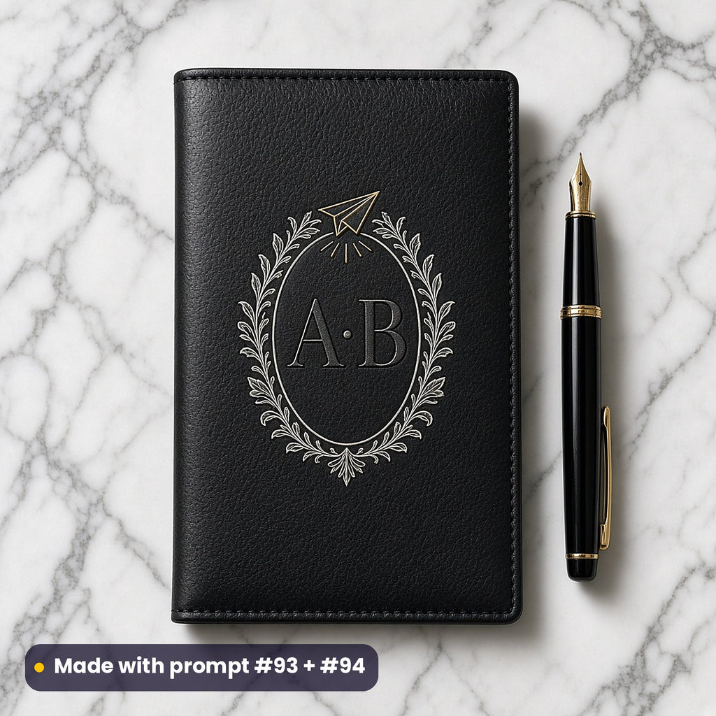 Plain black leather passport cover on marble beside a fountain pen, with a leafy oval monogram frame, a gold paper plane and placeholder initials A B, made with prompt #93 + #94