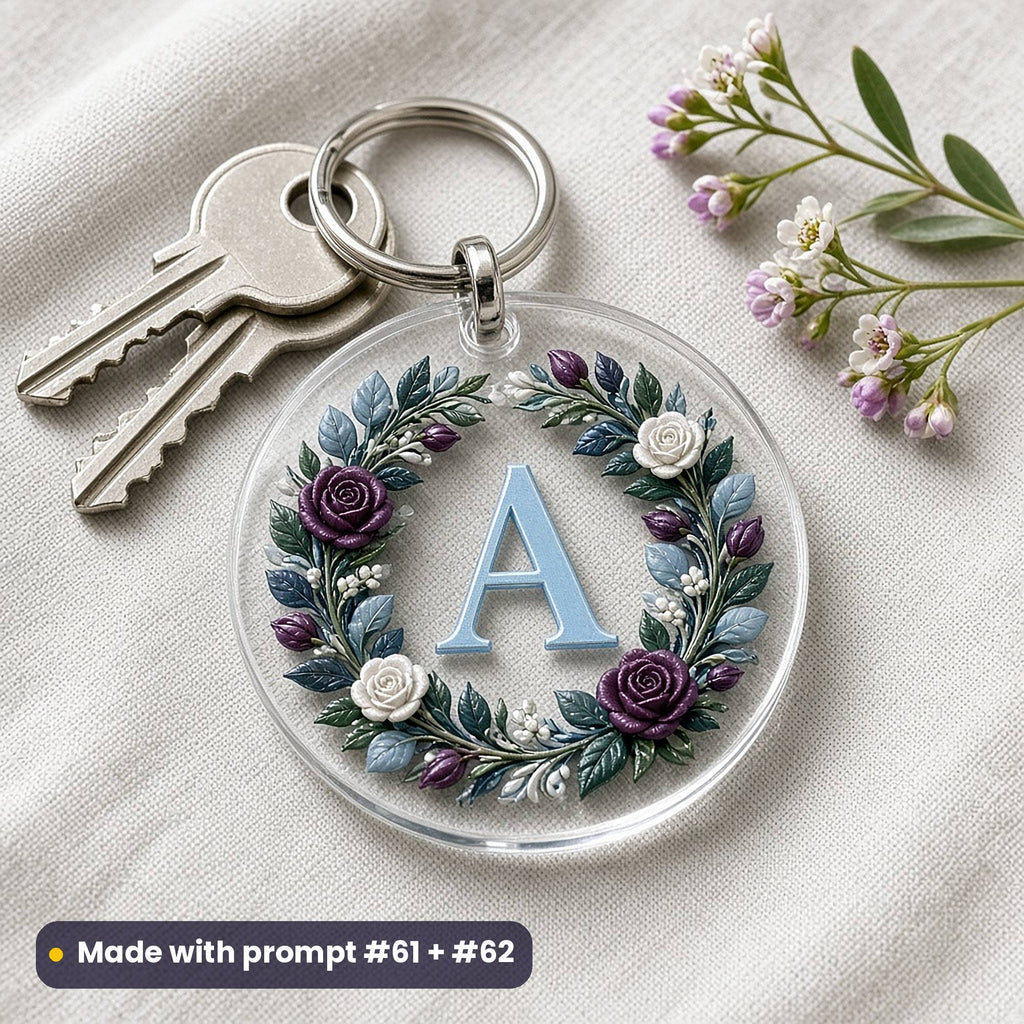 Round clear acrylic key ring with keys on linen, printed with a raised floral wreath of roses and leaves around the placeholder initial A, made with prompt #61 + #62