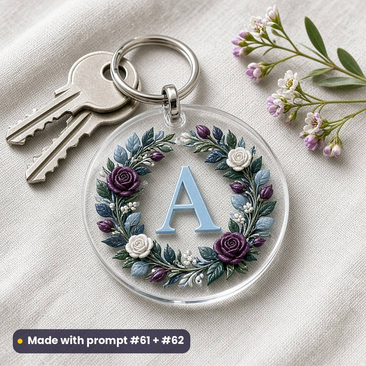 Round clear acrylic key ring with keys on linen, printed with a raised floral wreath of roses and leaves around the placeholder initial A, made with prompt #61 + #62
