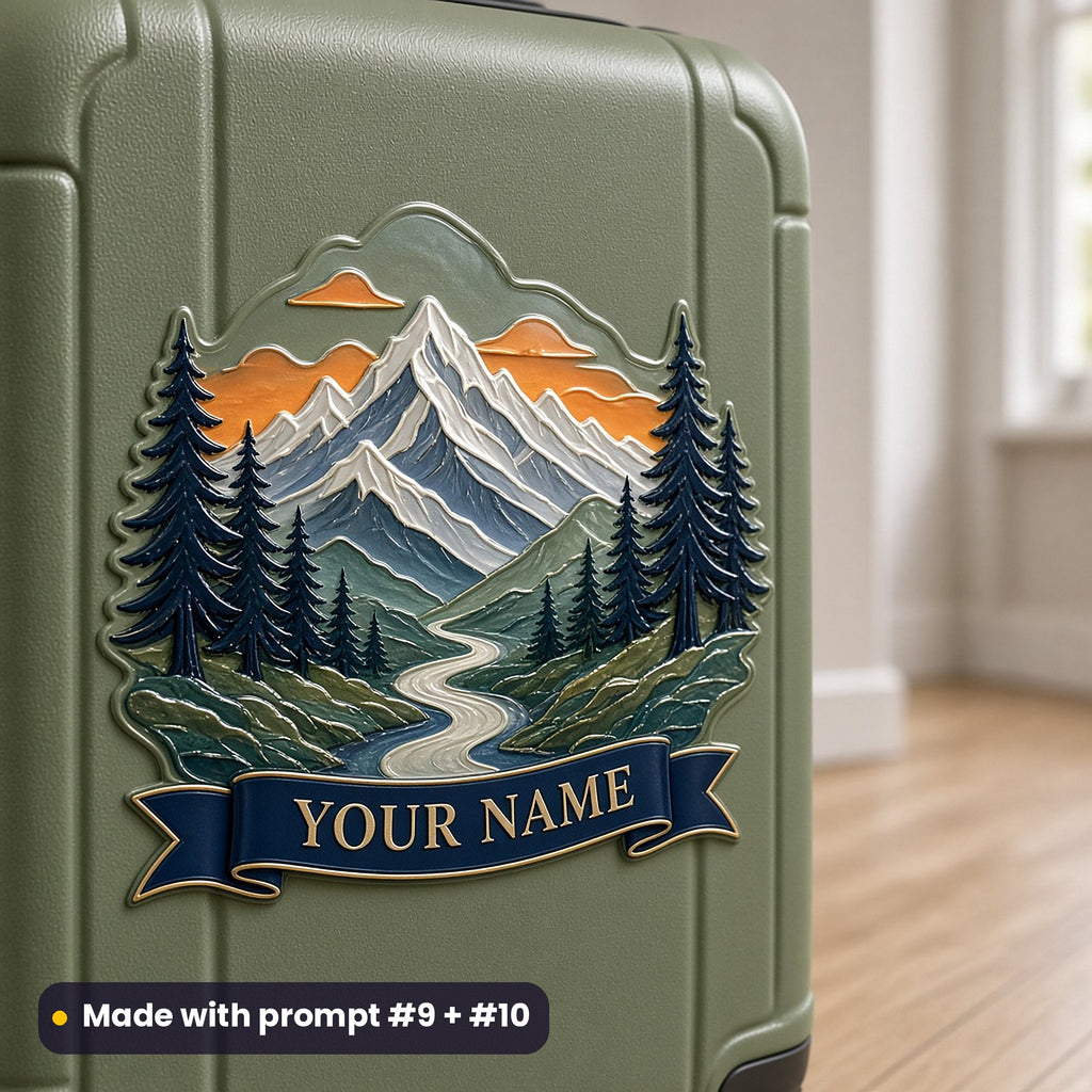 Sage hard-shell suitcase with a large die-cut decal of snowy mountains, pines and a winding river above a banner with YOUR NAME placeholder text, made with prompt #9 + #10