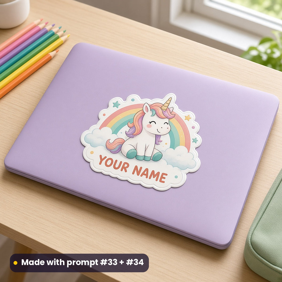 Lilac laptop on a child's desk with a die-cut cartoon unicorn, rainbow and clouds decal with YOUR NAME placeholder text, no people, made with prompt #33 + #34