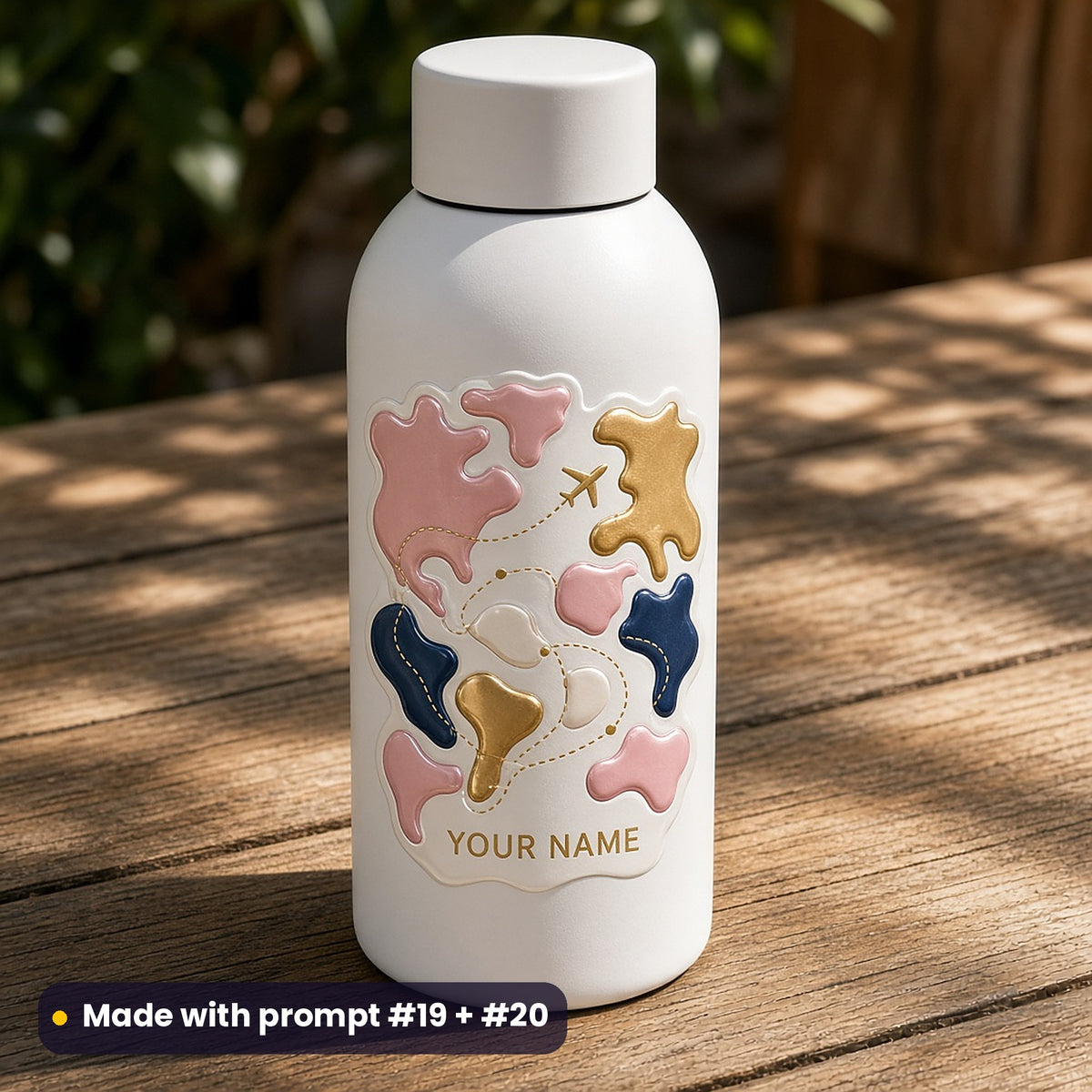 White steel water bottle on a sunny table with a die-cut decal of soft imaginary continents, a dotted flight route and a small plane, with YOUR NAME placeholder text, made with prompt #19 + #20