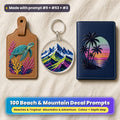 Three UV-printed travel accessories on cream linen: a tan leather luggage tag with a sea turtle and coral decal, a clear acrylic key ring with snowy alpine peaks and a navy passport cover with a palm sunset decal, made with prompt #9 + #53 + #3