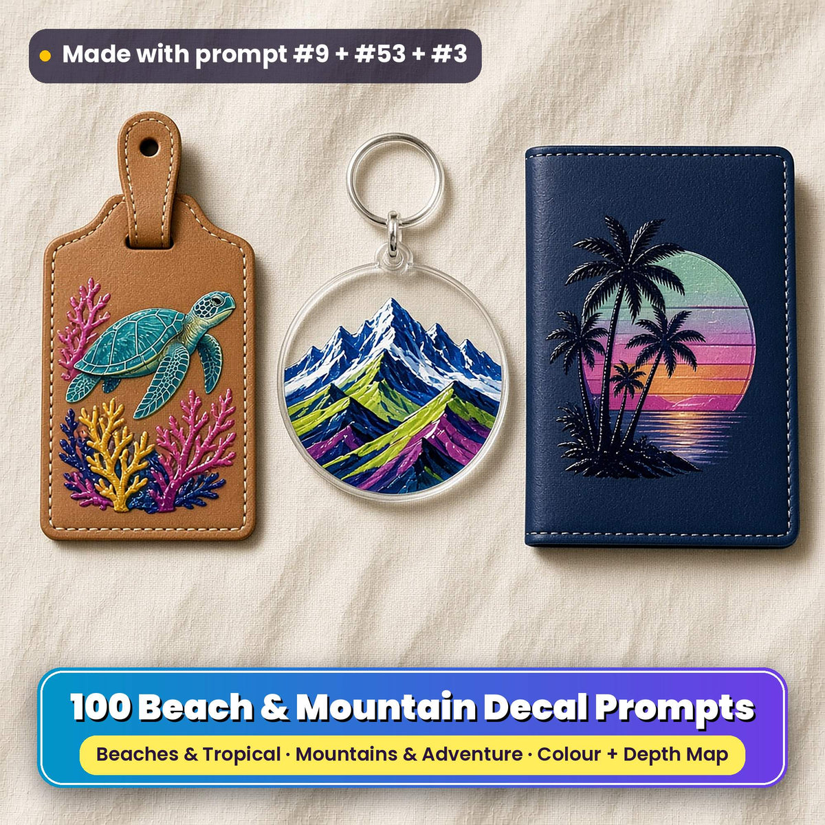 Three UV-printed travel accessories on cream linen: a tan leather luggage tag with a sea turtle and coral decal, a clear acrylic key ring with snowy alpine peaks and a navy passport cover with a palm sunset decal, made with prompt #9 + #53 + #3