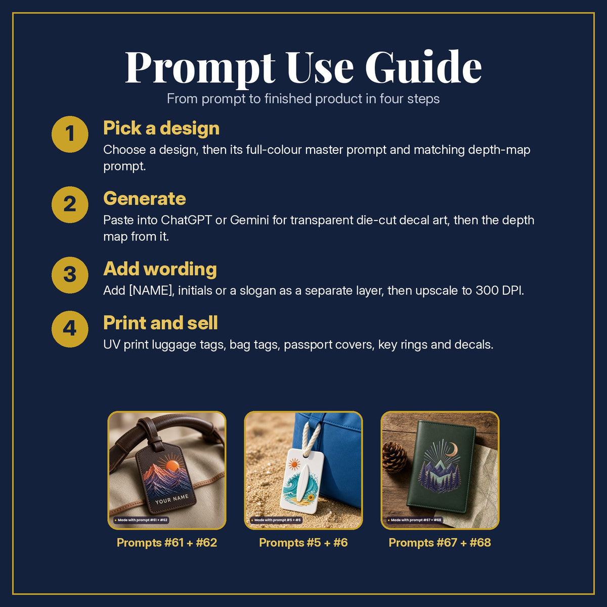 Prompt Use Guide in four steps: pick a design, generate, add wording, print and sell, with example products made with prompt #61, prompt #62, prompt #5, prompt #6, prompt #67, prompt #68