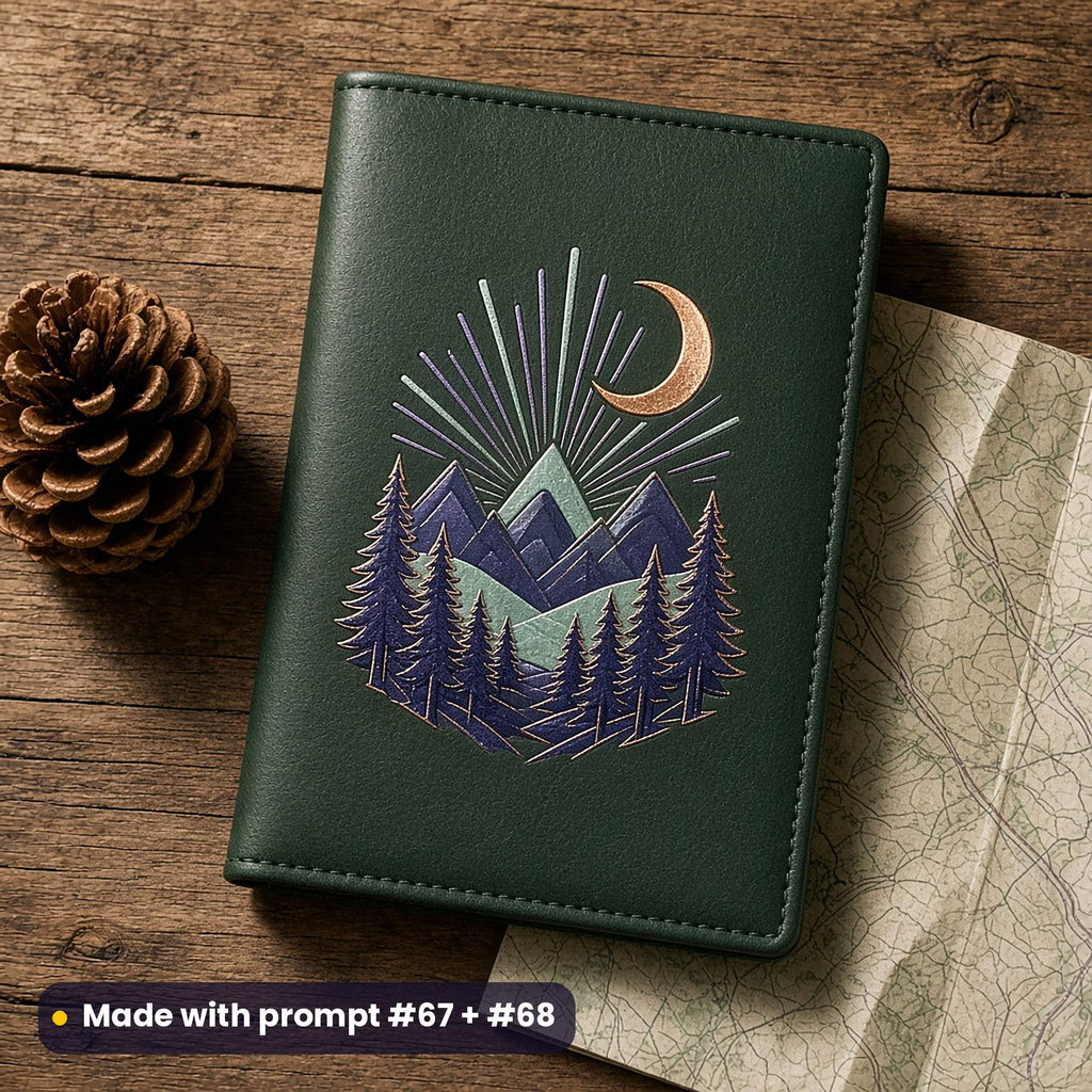 Plain forest-green leather passport cover beside a pine cone and a trail map, with an art-deco decal of pine trees, mountains and a crescent moon in indigo, mint and copper, made with prompt #67 + #68