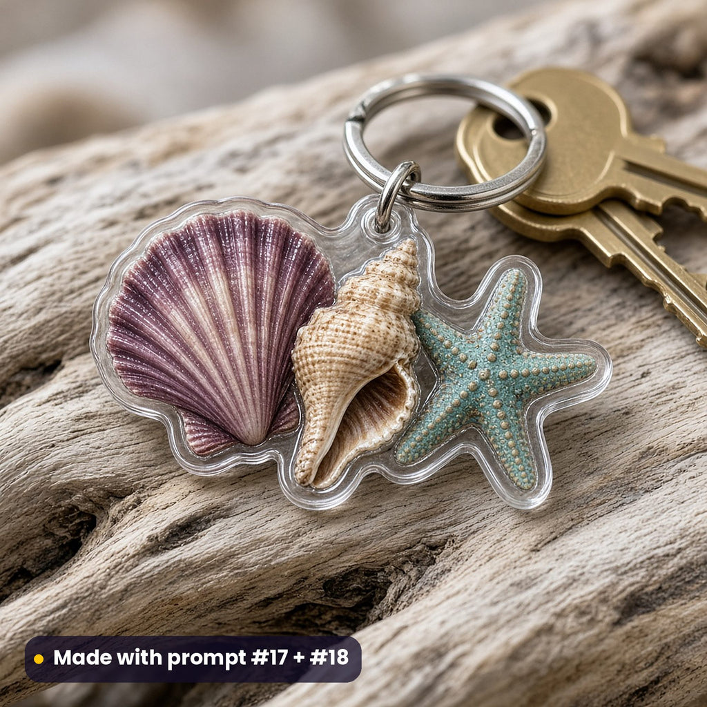 Die-cut acrylic key ring of a scallop shell, a conch and a starfish on driftwood with keys, printed in aubergine, sandstone and turquoise, made with prompt #17 + #18