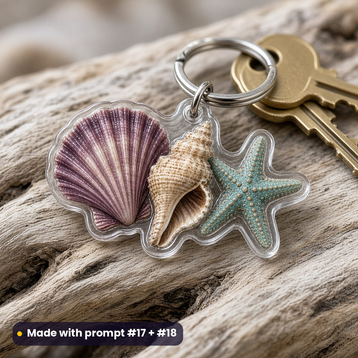Die-cut acrylic key ring of a scallop shell, a conch and a starfish on driftwood with keys, printed in aubergine, sandstone and turquoise, made with prompt #17 + #18