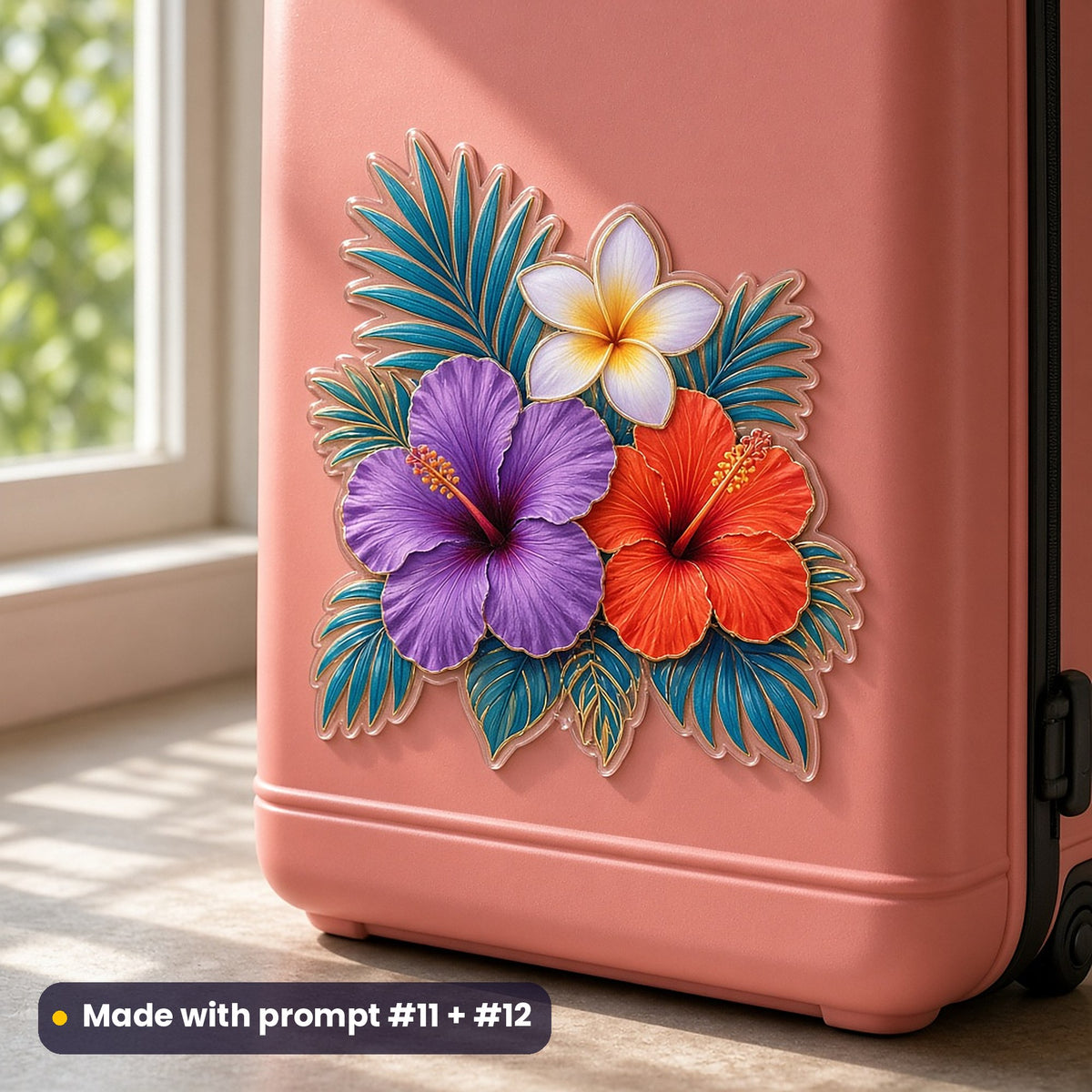 Coral-pink hard-shell suitcase by a sunny window with a large die-cut decal of hibiscus, frangipani and palm leaves in violet, vermilion, peacock and gold, made with prompt #11 + #12