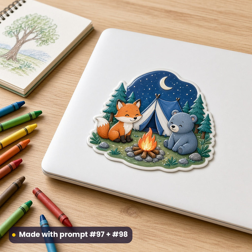 Plain white laptop beside crayons with a children's die-cut decal of a cartoon fox and bear cub by a tent and campfire under the stars, no people, made with prompt #97 + #98