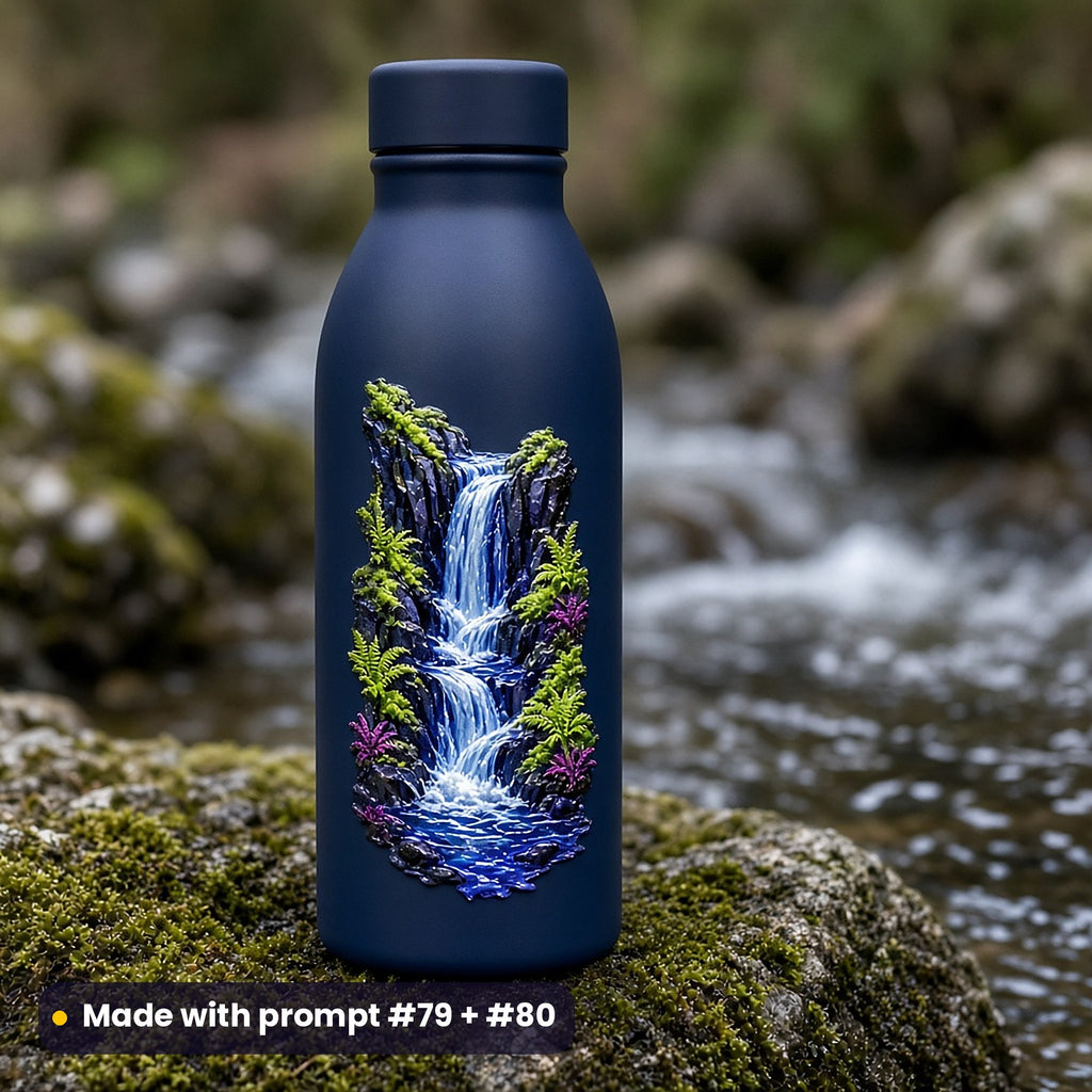 Navy steel water bottle on a mossy rock by a stream, with a die-cut decal of a waterfall between cliffs and ferns in ultramarine, lime and magenta, made with prompt #79 + #80
