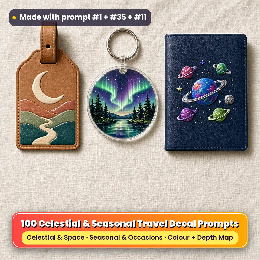Three UV-printed travel accessories on cream linen: a tan leather luggage tag with a crescent moon over layered hills, a clear acrylic key ring with northern lights over pines and a lake, and a navy passport cover with colourful imaginary planets, made with prompt #1 + #35 + #11