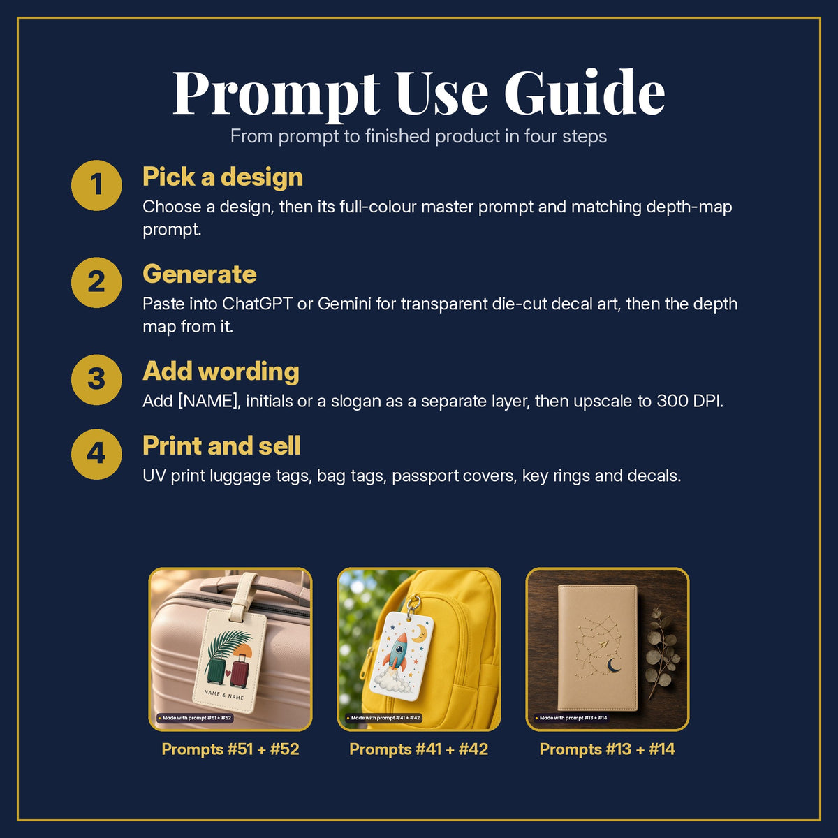 Prompt Use Guide in four steps: pick a design, generate, add wording, print and sell, with example products made with prompt #51, prompt #52, prompt #41, prompt #42, prompt #13, prompt #14
