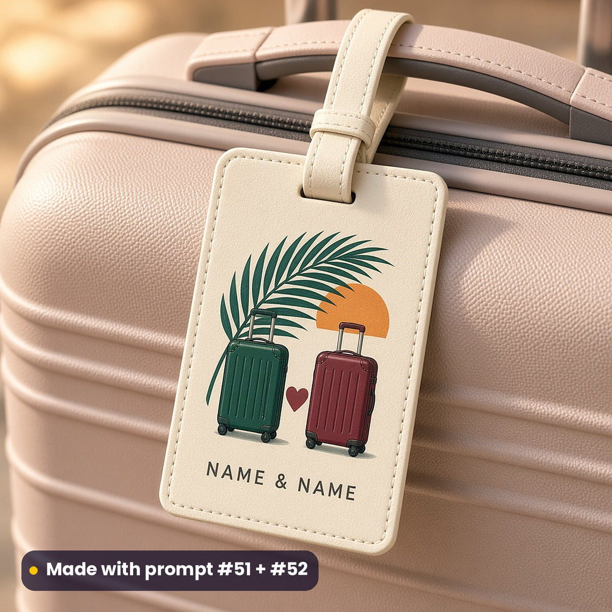 Ivory leather luggage tag on a blush suitcase, UV printed with two suitcases, a heart, a palm frond and a setting sun, with NAME & NAME placeholder text, made with prompt #51 + #52