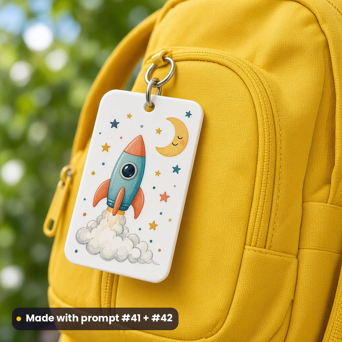 White acrylic bag tag on a yellow child's backpack, UV printed with a cute cartoon rocket, puffy clouds, stars and a sleepy crescent moon, made with prompt #41 + #42