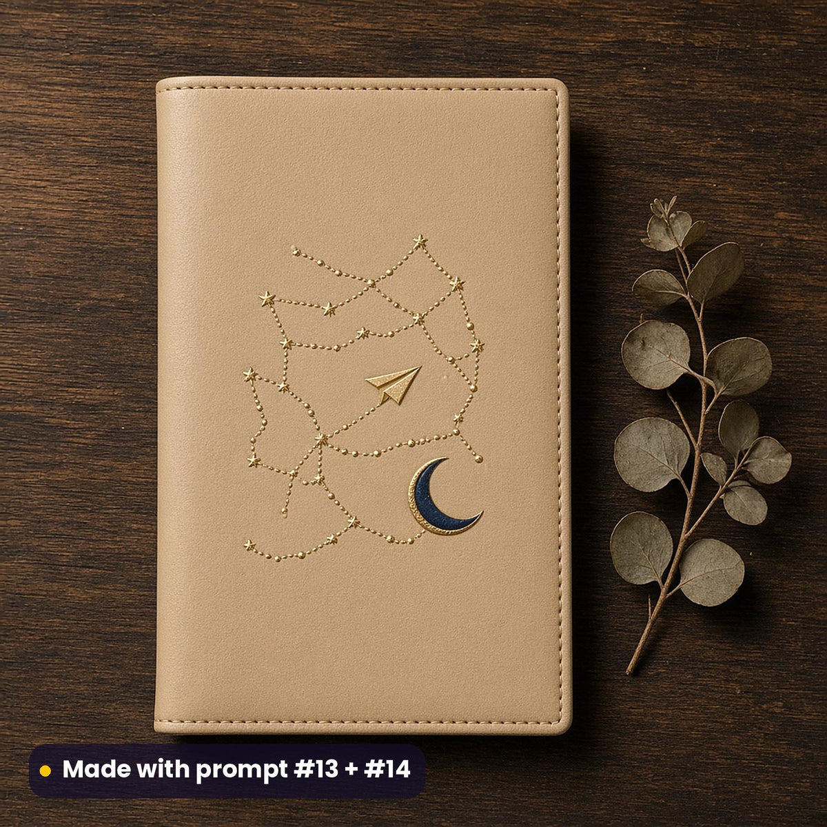 Plain sand leather passport cover on a dark desk beside eucalyptus, with a gold constellation-line decal, a paper plane and a navy crescent moon, made with prompt #13 + #14