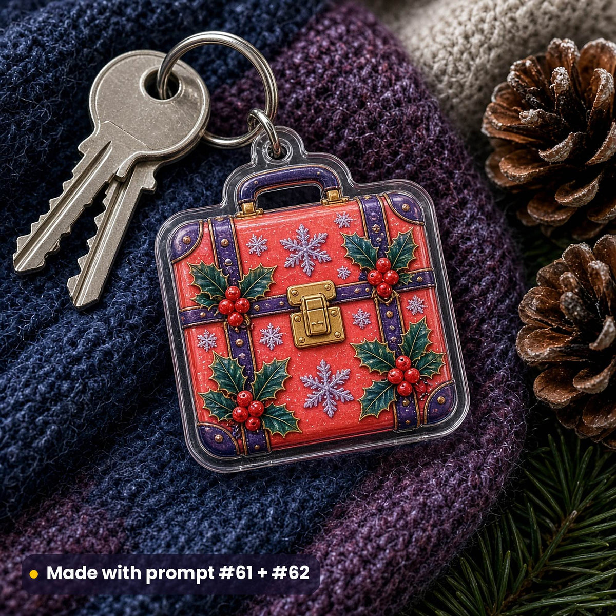 Die-cut acrylic key ring shaped like a red suitcase with holly, berries and snowflakes, on a knitted scarf with pine cones, made with prompt #61 + #62