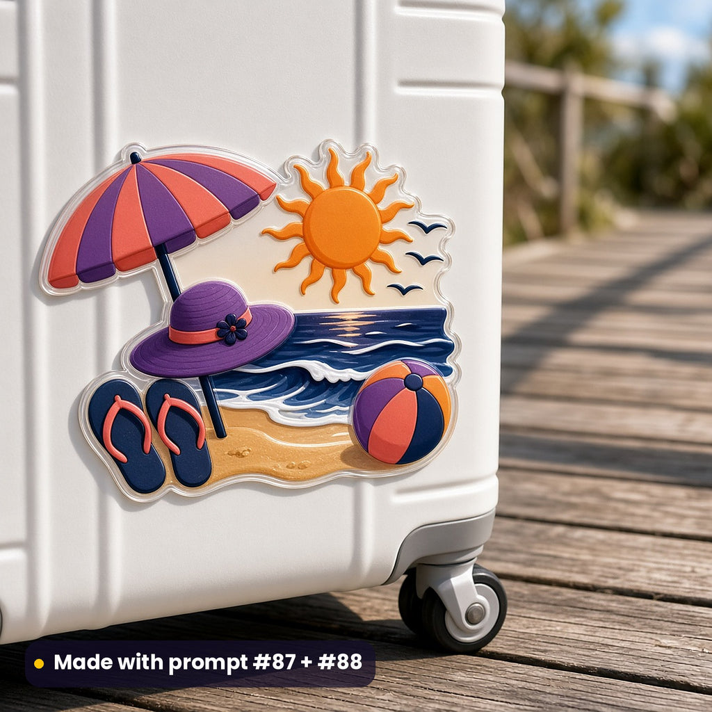White hard-shell suitcase on a boardwalk with a large die-cut summer decal of a beach umbrella, sun hat, flip-flops, beach ball and sun over waves, made with prompt #87 + #88