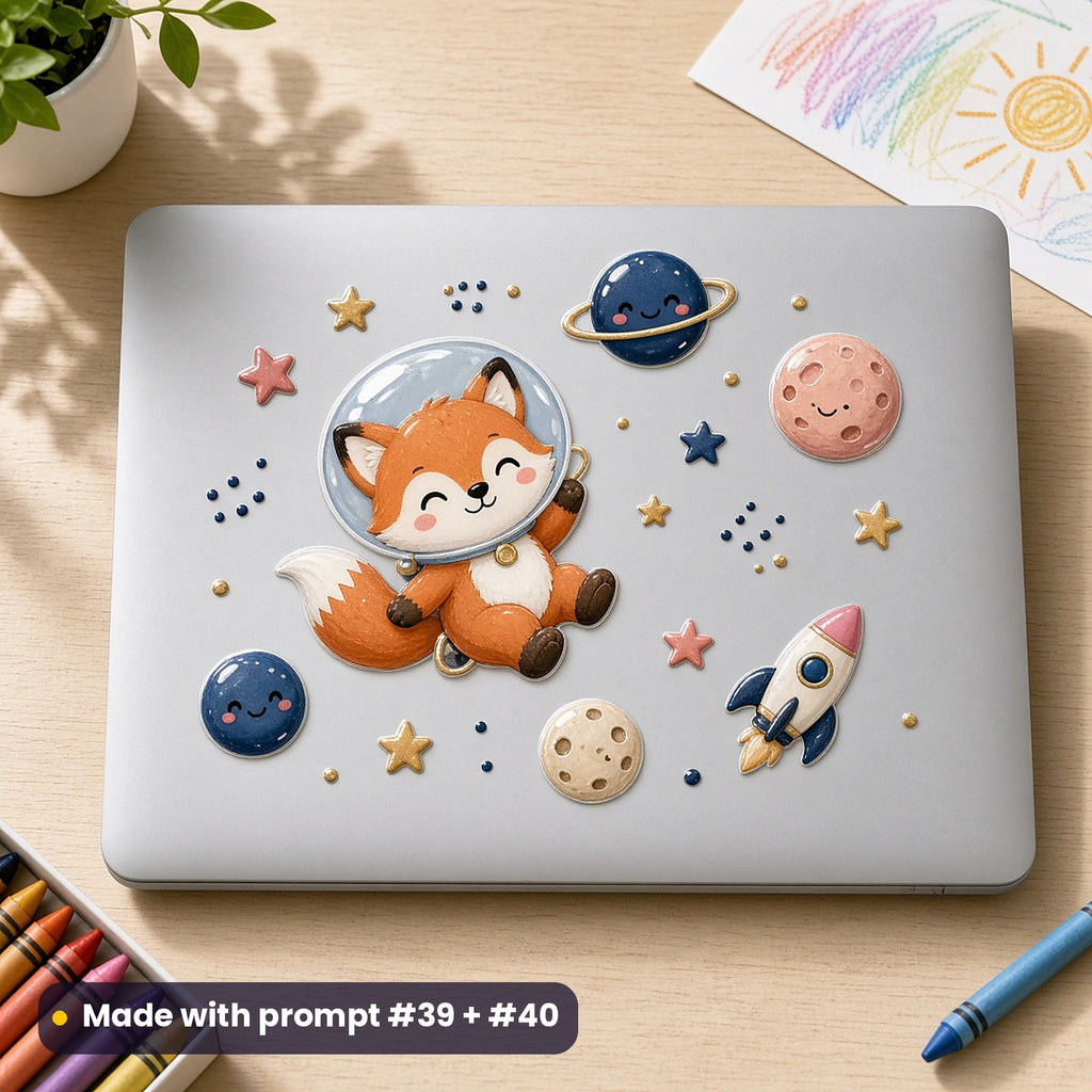 Grey laptop on a child's desk with crayons and a cartoon decal of a fox in a space helmet among smiling planets, stars and a little rocket, no people, made with prompt #39 + #40