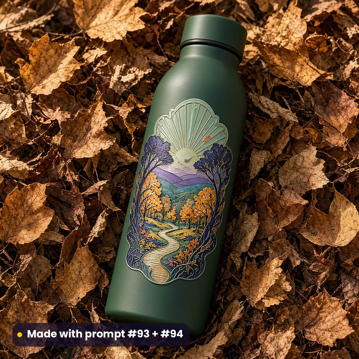 Green steel water bottle on autumn leaves with an art-deco decal of a trail through golden trees under a fan of sun rays, made with prompt #93 + #94