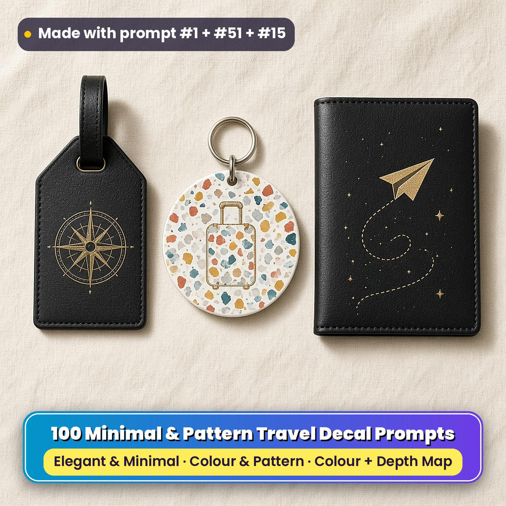 Three UV-printed travel accessories on cream linen: a black leather luggage tag with a gold fine-line compass rose, a white key ring with a terrazzo suitcase and a black passport cover with a gold paper plane and looping route, made with prompt #1 + #51 + #15