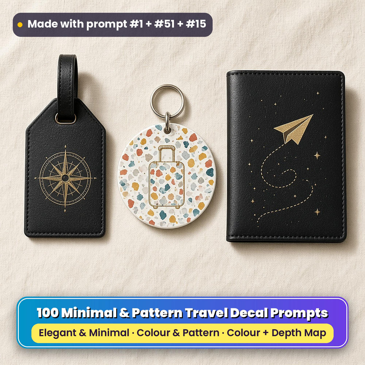 Three UV-printed travel accessories on cream linen: a black leather luggage tag with a gold fine-line compass rose, a white key ring with a terrazzo suitcase and a black passport cover with a gold paper plane and looping route, made with prompt #1 + #51 + #15