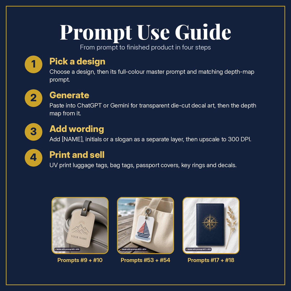 Prompt Use Guide in four steps: pick a design, generate, add wording, print and sell, with example products made with prompt #9, prompt #10, prompt #53, prompt #54, prompt #17, prompt #18
