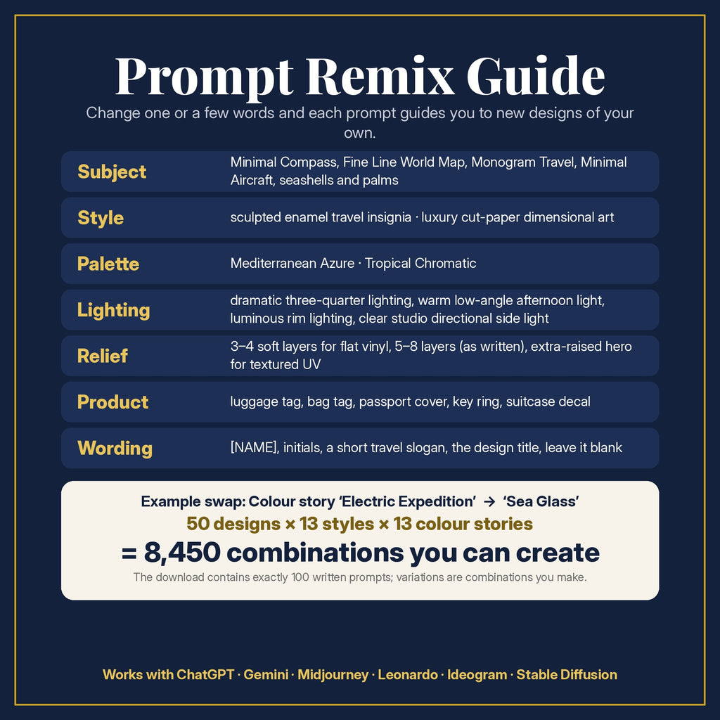 Prompt Remix Guide: change subject, style, colour story, lighting, relief, product and wording; 50 designs × 13 design styles × 13 colour stories = 8,450 combinations you can create