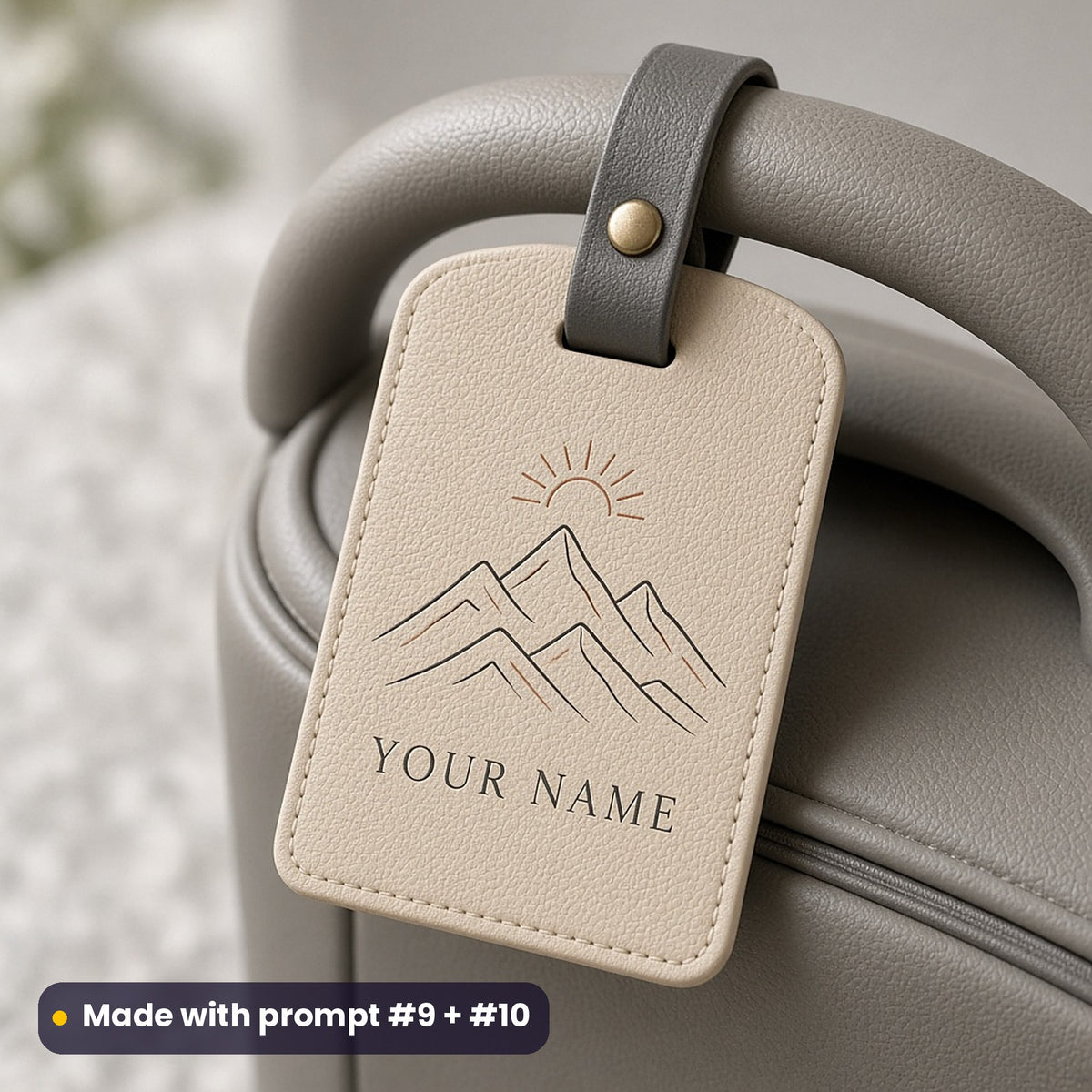 Sand leather luggage tag on a grey suitcase, UV printed with minimal line-art mountains and a small sun, with YOUR NAME placeholder text, made with prompt #9 + #10