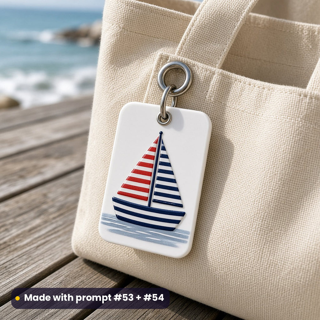 White acrylic bag tag on a canvas tote by the sea, UV printed with a navy, white and red striped sailboat, made with prompt #53 + #54