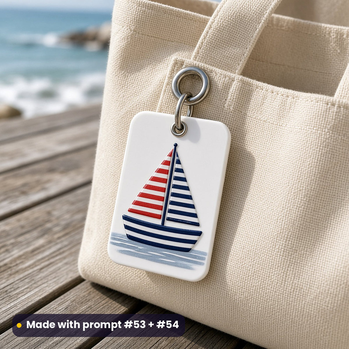 White acrylic bag tag on a canvas tote by the sea, UV printed with a navy, white and red striped sailboat, made with prompt #53 + #54