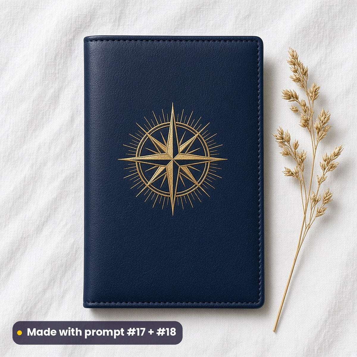 Plain navy leather passport cover on white linen beside dried grass, with a gilded navy-and-gold compass rose, made with prompt #17 + #18