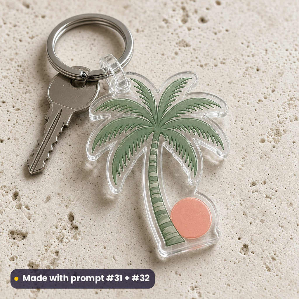 Die-cut acrylic key ring of a minimal palm tree and coral sun, on pale travertine with a key, made with prompt #31 + #32