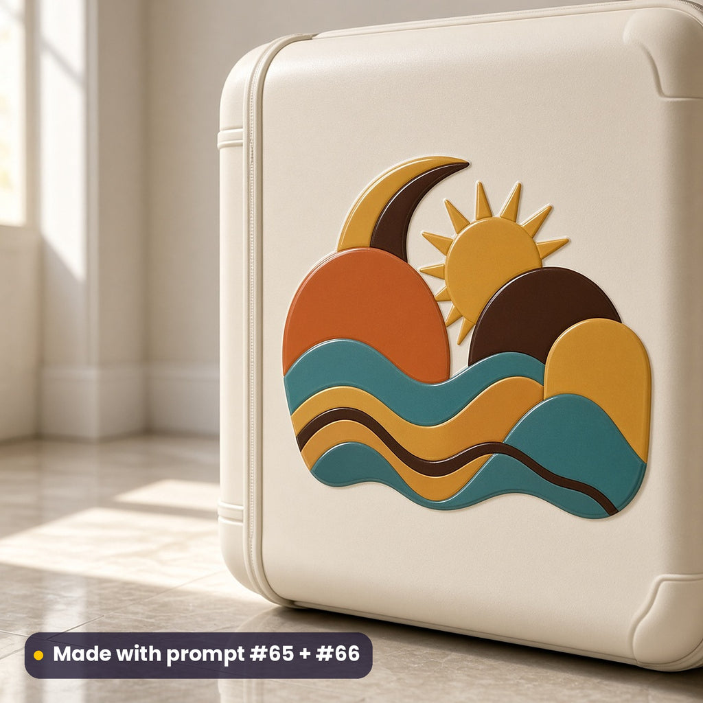 Cream hard-shell suitcase with a large die-cut retro decal of arches, waves, a crescent and a sun in mustard, orange, teal and brown, made with prompt #65 + #66