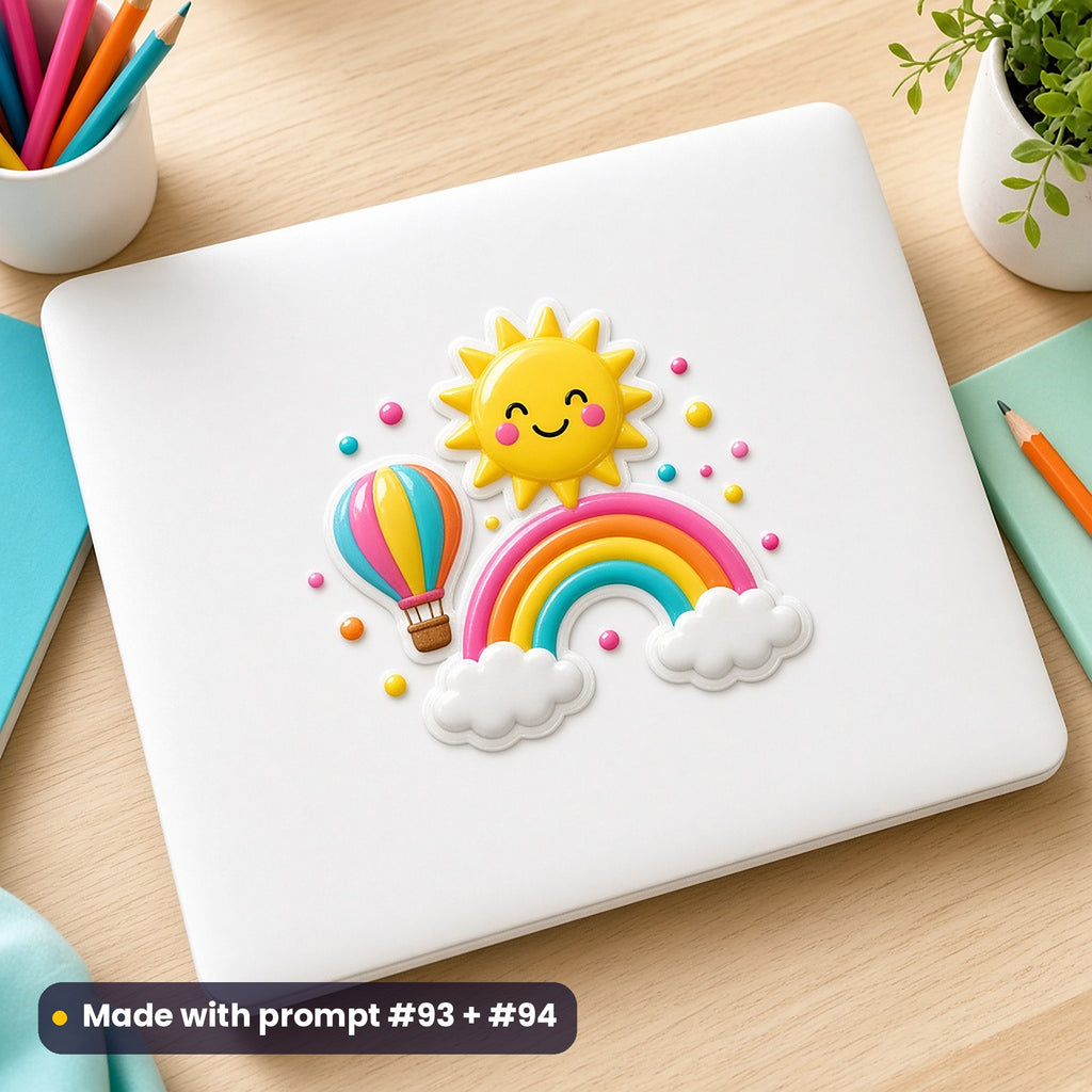 White laptop on a child's desk with a colour-pop decal of a smiling sun, rainbow, clouds, hot-air balloon and confetti dots, made with prompt #93 + #94