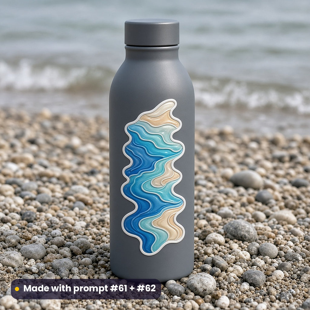 Slate-grey water bottle on a pebble beach with a die-cut decal of flowing abstract waves in blue, aqua and sand, made with prompt #61 + #62