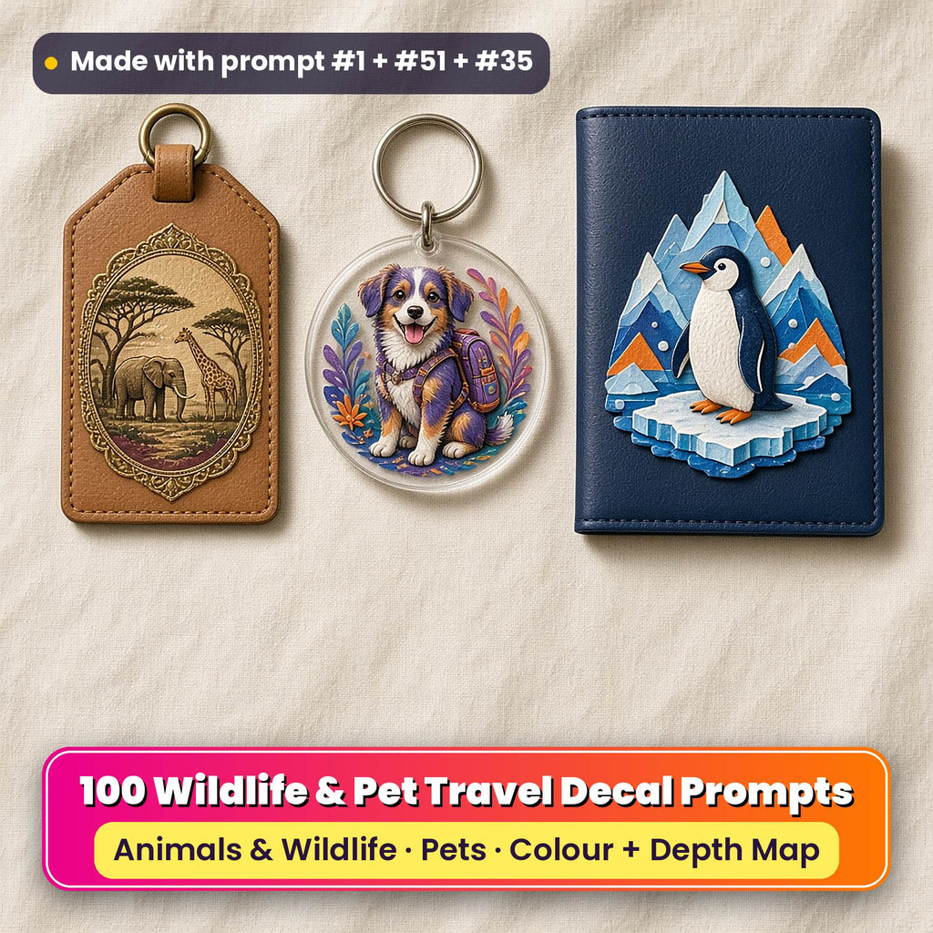 Three UV-printed travel accessories on cream linen: a tan leather luggage tag with a gilded safari medallion of an elephant and giraffe, a clear acrylic key ring with a happy dog wearing a backpack and a navy passport cover with a cut-paper penguin decal, made with prompt #1 + #51 + #35