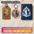 Three UV-printed travel accessories on cream linen: a tan leather luggage tag with a gilded safari medallion of an elephant and giraffe, a clear acrylic key ring with a happy dog wearing a backpack and a navy passport cover with a cut-paper penguin decal, made with prompt #1 + #51 + #35