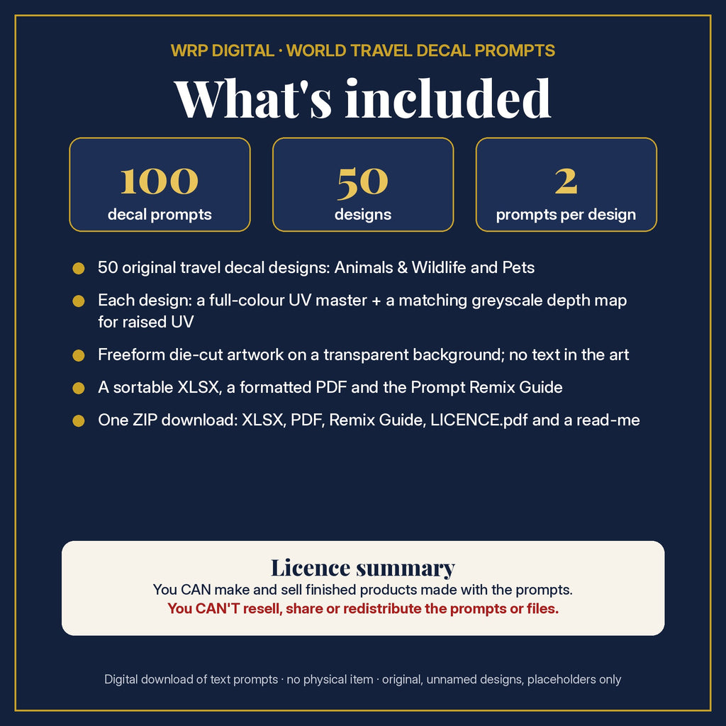 What's included: 100 travel decal prompts, 50 original designs each with a full-colour UV master and a matching depth map, XLSX and PDF, Prompt Remix Guide, ZIP, and a licence summary