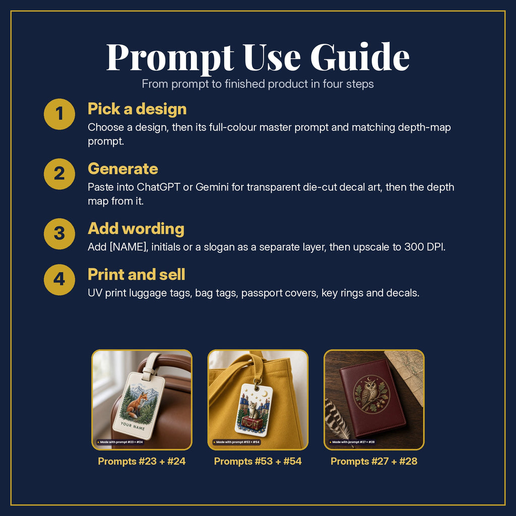 Prompt Use Guide in four steps: pick a design, generate, add wording, print and sell, with example products made with prompt #23, prompt #24, prompt #53, prompt #54, prompt #27, prompt #28
