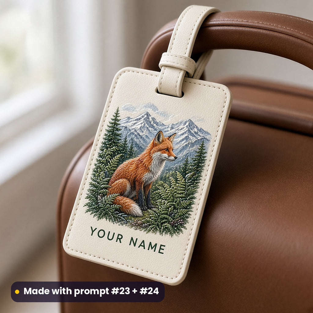 Cream leather luggage tag on a brown suitcase handle, UV printed with a red fox among ferns and mountains, with YOUR NAME placeholder text, made with prompt #23 + #24