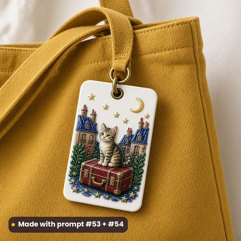 White acrylic bag tag on a mustard tote bag, UV printed with a cat sitting on a red suitcase among rooftops, stars and a crescent moon, made with prompt #53 + #54