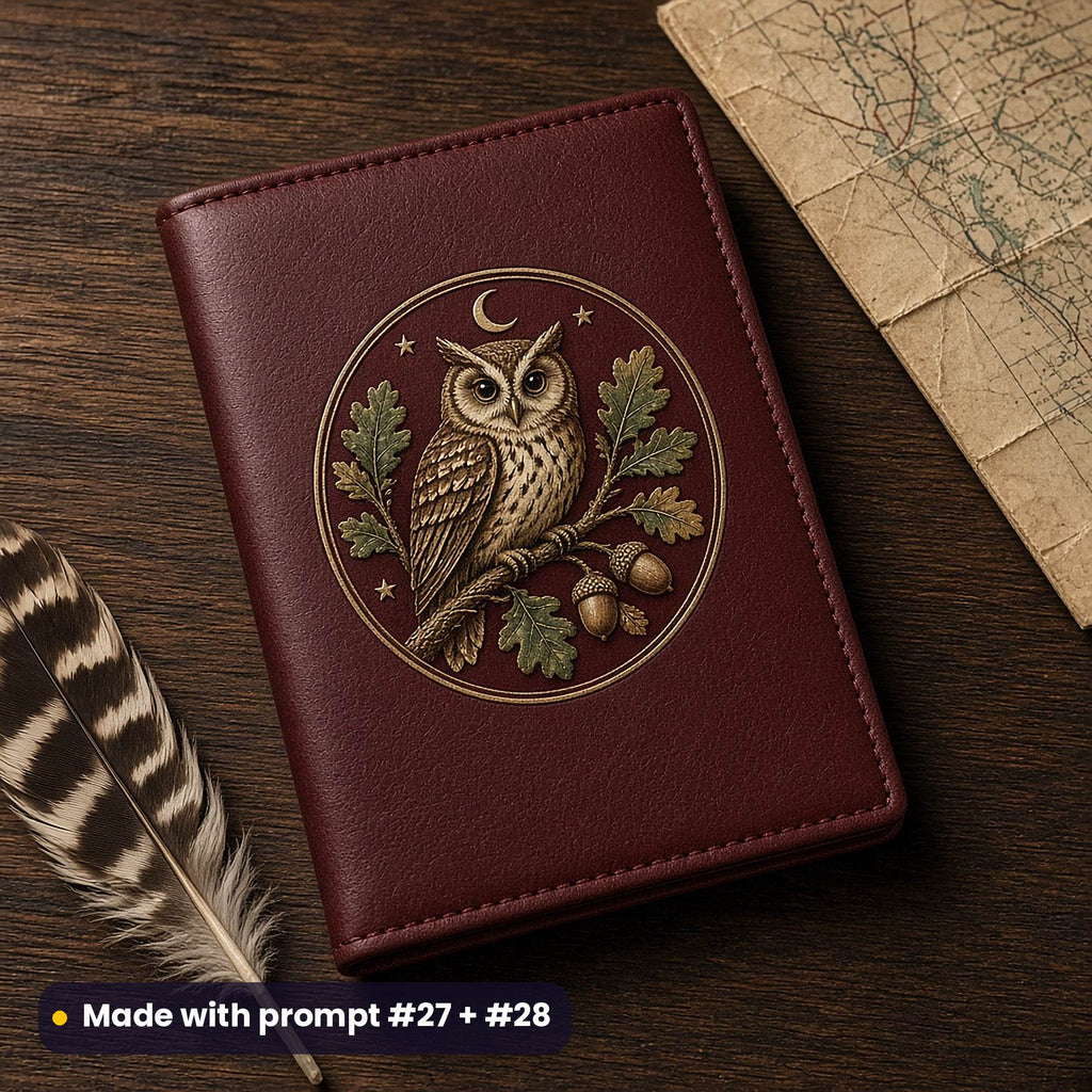 Plain burgundy leather passport cover beside a feather and a folded map, with a round medallion decal of an owl on an oak branch with acorns, made with prompt #27 + #28