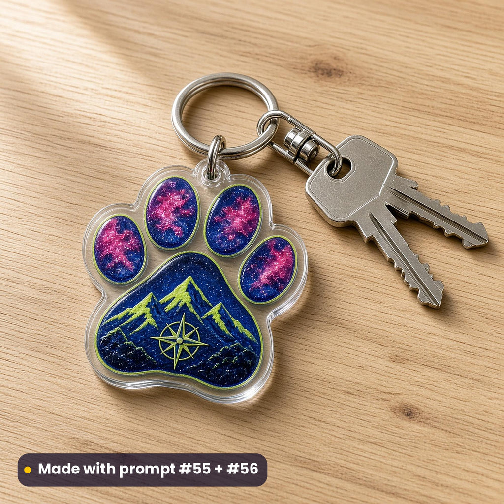Paw-print shaped acrylic key ring with keys on an oak table, printed with starry pads, mountains and a compass in ultramarine, lime and magenta, made with prompt #55 + #56