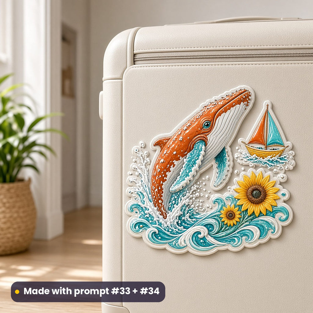 Cream hard-shell suitcase with a large die-cut decal of a whale leaping from waves beside a small sailing boat, in burnt orange, turquoise and sunflower, made with prompt #33 + #34