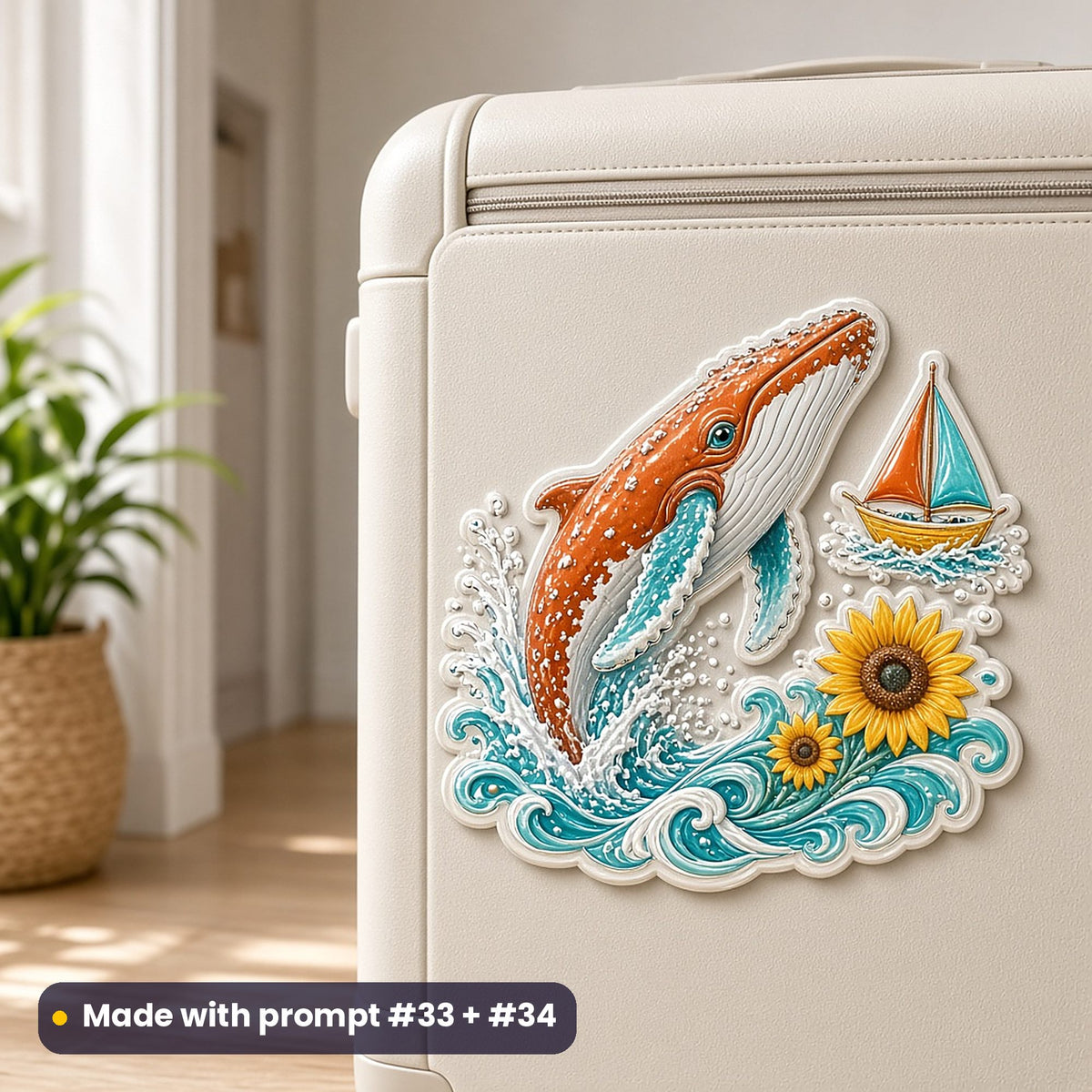 Cream hard-shell suitcase with a large die-cut decal of a whale leaping from waves beside a small sailing boat, in burnt orange, turquoise and sunflower, made with prompt #33 + #34